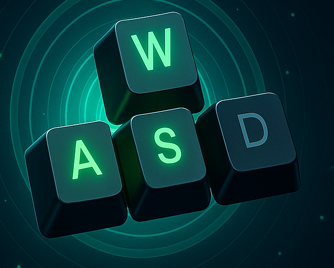 Glowing green WASD keycaps — the key presser for games brand mark